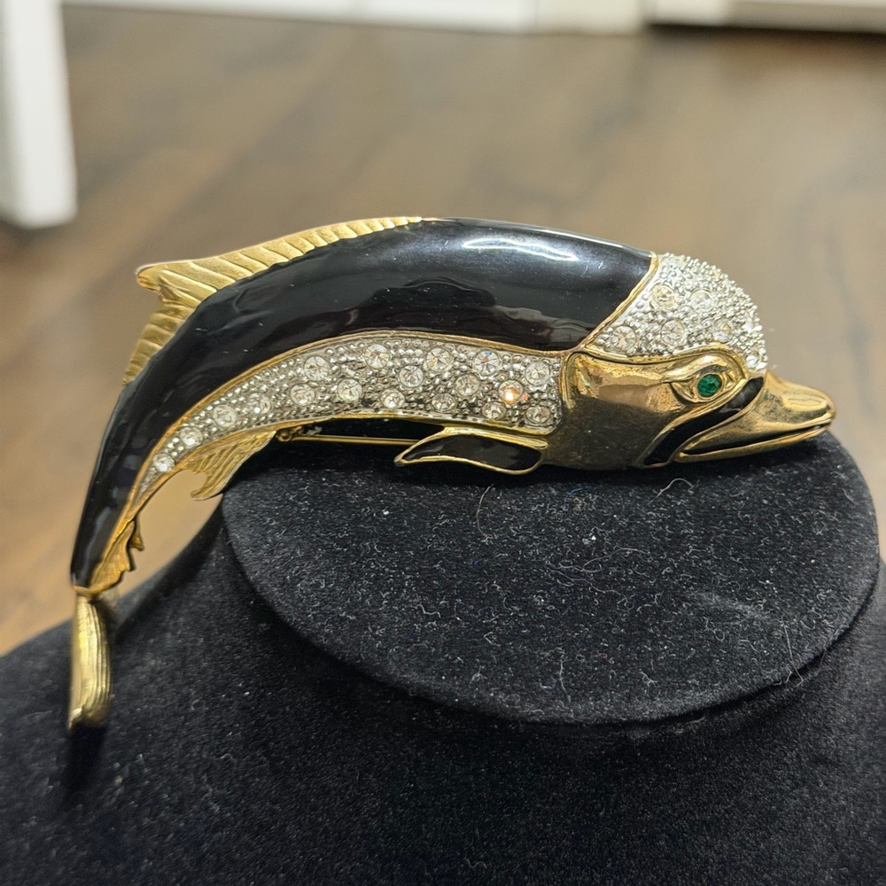 Vintage brass/ Gold and Black enameled Fish  large shoulder Brooch